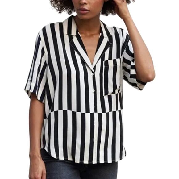 AYR M Womens The Pool Boy Shirt Black White Button Front Relaxed Fit Preppy - Picture 1 of 11